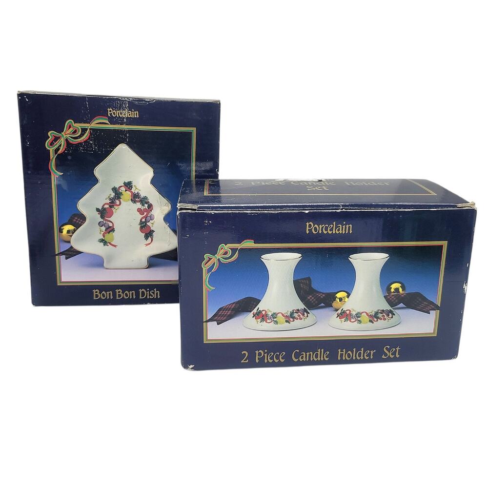 Vintage Sanyei Japan Christmas Porcelain 2 Candle Holders Bon Bon Dish Set
